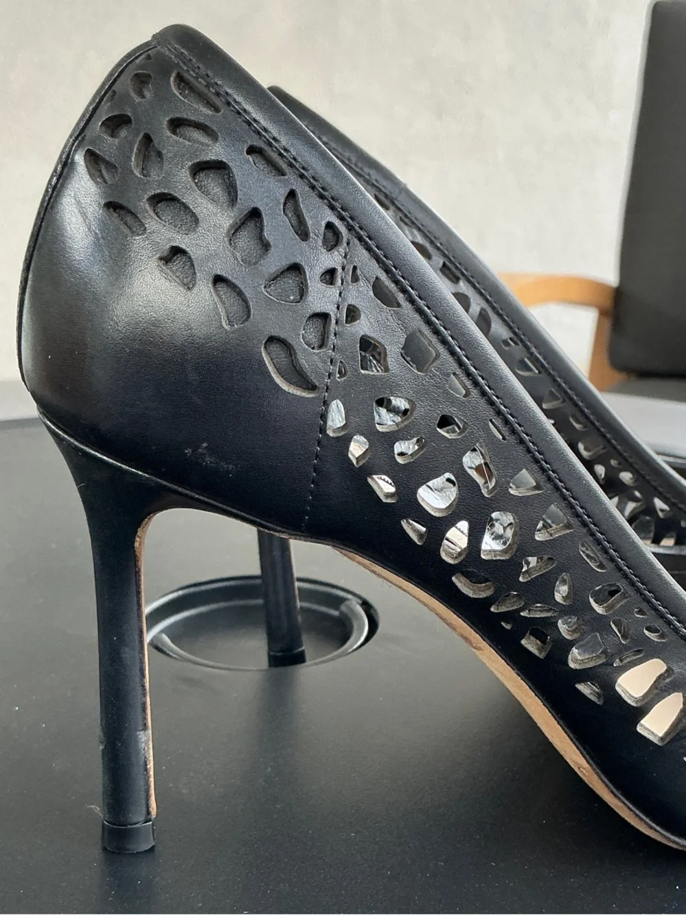Jimmy Choo Black Laser-cut Kid Leather Romy 85 Pumps